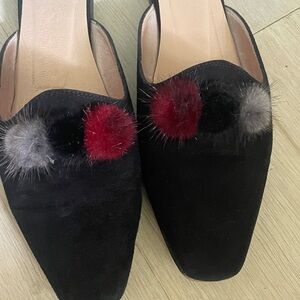 Patricia Green black Suède flats with mink Pom poms size 8
